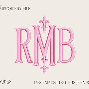 Puede incluir: Un archivo de bordado digital que presenta las letras del monograma RMB en una fuente serif rosa texturizada. El diseño incluye un motivo central de flor de lis. El texto incluye EMBROIDERY FILE, 4 5 6, y los formatos PES, EXP, DST, DGT, HUS, JEF, VP3, XXX.