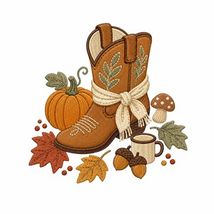 Könnte beinhalten: Ein gesticktes Motiv mit einem braunen Cowboystiefel, der mit einem cremefarbenen Schal umwickelt ist, umgeben von einem orangefarbenen Kürbis, einem braunen Pilz mit weißen Punkten, zwei Eicheln, einer kleinen Tasse und herbstlichen Blättern.