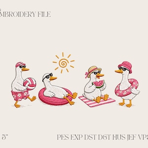May include: An embroidery file featuring four cartoon ducks enjoying a sunny day at the beach. The ducks are wearing sunglasses, hats, and swimsuits, with one holding a volleyball, another on a float, and two others with watermelon and a swim ring.