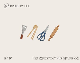 Desenho de bordado de utensílios de cozinha, espátula, rolo de massa, download instantâneo, arquivo de bordado