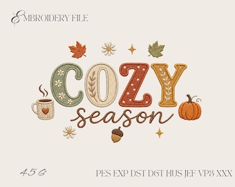 Cozy Season Embroidery Design, Fall Pumpkin Coffee Maple Leaves Autumn Machine Embroidery File