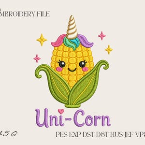 May include: An embroidery file design featuring a yellow corn cob with a white spiral horn, colorful hair, and a smiling face. Green husks surround the base, accented by small pink and yellow stars. The text Uni-Corn is below with a pink heart.