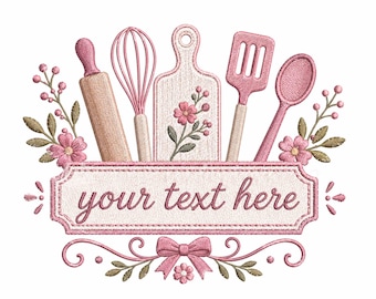 Design de bordado personalizado para confeitaria, arquivo de bordado de utensílios de cozinha, presente para confeiteiro(a), cozinha da vovó, design com nome personalizado