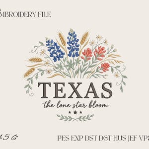 Può includere: Un file di ricamo con un bouquet di lupini, castilleja, spighe di grano e piccoli fiori bianchi. Il testo recita "TEXAS the lone star bloom" con tre stelle sottostanti. Include i formati PES, EXP, DST, DGT, HUS, JEF, VP3, XXX.