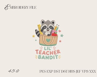 Lil Teacher Bandit Embroidery Design, Cute Raccoon Teacher Machine Embroidery File PES DST EXP