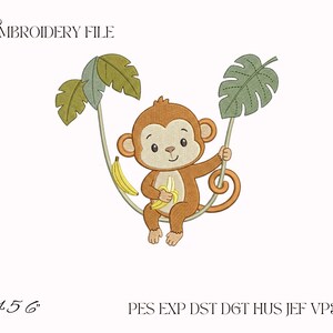 Puede incluir: Un diseño de archivo de bordado que muestra un mono marrón sentado en una rama curva, sosteniendo un plátano amarillo. El mono está rodeado de hojas tropicales verdes. El texto dice EMBROIDERY FILE, 4 5 6, y PES EXP DST DGT HUS JEF VP3 XXX.
