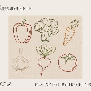 Può includere: Un file di ricamo con sei verdure delineate: un peperone rosso, broccoli verdi, una carota arancione, un bulbo d'aglio, un ravanello e un pomodoro rosso. Il testo EMBROIDERY FILE, 4 5 6 e i formati PES EXP DST DGT HUS JEF VP3 XXX sono visibili.