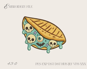 Desenho de bordado de taco com caveira assustadora, arquivo de bordado à máquina de comida assustadora, taco de Halloween
