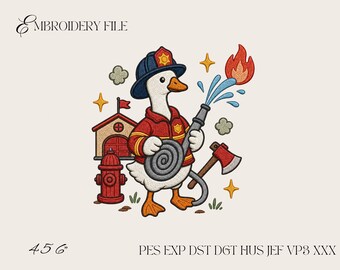 Firefighter Goose Embroidery Design, Cute Firefighter Duck Machine Embroidery File, Fire Department