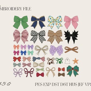 May include: An embroidery file collection featuring various bow designs in diverse colors, patterns, and styles. The set includes solid, polka dot, chevron, and textured bows, along with small icons like a ghost and star. Text reads EMBROIDERY FILE 4 5 6 PES EXP DST DGT HUS JEF VP3 XXX.