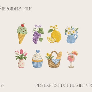 May include: An embroidery file featuring colorful embroidered designs of an ice cream cone, grapes, lemon, daisies in a blue pitcher, tulips in a vase, a cupcake, a picnic basket with bread, and a cocktail. The text "EMBROIDERY FILE" is at the top.