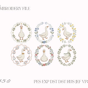 May include: An embroidery file digital design featuring six illustrations of white geese. Each goose is framed by floral wreaths or scalloped borders. The text EMBROIDERY FILE, 4 5 6, and file formats PES EXP DST DGT HUS JEF VP3 XXX are visible.