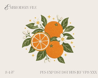 Desenho de bordado à máquina de laranja, frutas cítricas, arquivo de flores e folhas de verão, padrão de decoração de cozinha PES DST