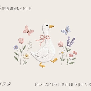 May include: An embroidery file design featuring a white goose with a pink ribbon around its neck, surrounded by pink and purple flowers, green stems, and two butterflies. The text reads EMBROIDERY FILE, 4 5 6, and PES EXP DST DGT HUS JEF VP3 XXX.