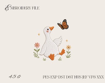 Goose and Butterfly Embroidery Design, Cute Spring Goose Machine Embroidery File PES DST EXP