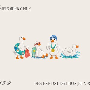 May include: An embroidery file design featuring four white ducks. One duck wears a teal floral swim ring and holds red flippers. Another wears heart-shaped sunglasses next to a surfboard. A third wears a blue swim cap and gold medal. One swims.