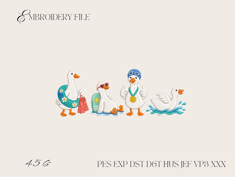 May include: An embroidery file design featuring four white ducks. One duck wears a teal floral swim ring and holds red flippers. Another wears heart-shaped sunglasses next to a surfboard. A third wears a blue swim cap and gold medal. One swims.