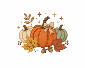 Fall Pumpkin Embroidery Design, Autumn Leaves Acorns Bow Pumpkin Trio, Machine Embroidery File
