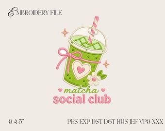 Broderidesign för Matcha Social Club, söt broderifil för Matcha-dryck, mönster för kaffekoppmaskin