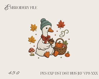 Autumn Goose Embroidery Design, Cute Fall Goose Machine Embroidery File, Pumpkin Harvest Goose