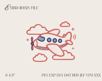 Diseño de bordado a máquina de avión de dibujos animados, archivo de avión con hélice y nubes, patrón de bordado para guardería infantil PES DST