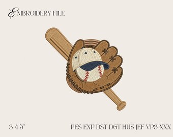 Diseño de bordado a máquina de guante de béisbol, archivo de bate y pelota deportiva, patrón de bordado a máquina para guardería infantil (PES)