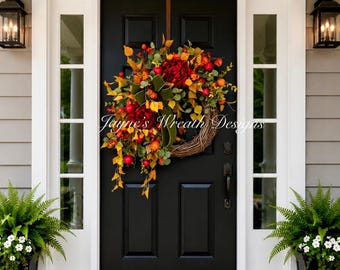 24"-26" Burgundy Peony Fall Wreath, Cascading Leaves, Grapevine Base