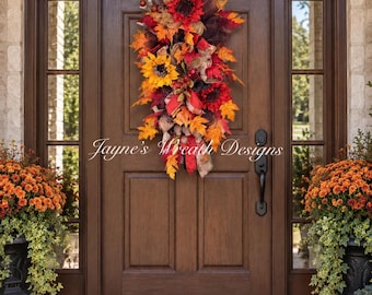 Fall Sunflower Door Swag, Rustic Autumn Leaves, Ribbons, Deep Browns