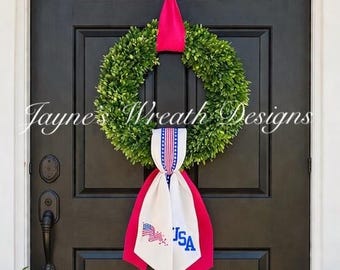 23” real touch boxwood wreath with patriotic USA sash. 250 years of freedom