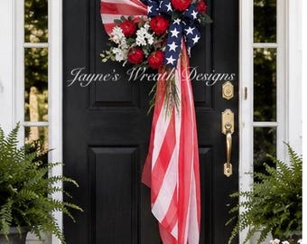 Patriotic American Flag Wreath – Red Peonies, White Hydrangeas, Bow, Grapevine Base