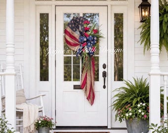 Patriotic American Flag Wreath, Red Geraniums, White Flowers, Star Bow, Grapevine Base