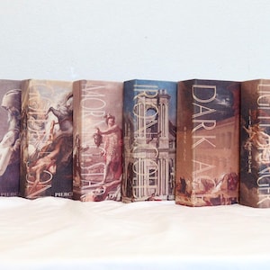 Op de afbeelding: Een set van zes hardcover boeken van Pierce Brown, met op de ruggen de titels Red Rising, Golden Son, Morning Star, Iron Gold, Dark Age en Light Bringer. Elke boekenrug toont een unieke klassieke kunstillustratie in gedempte aardetinten.