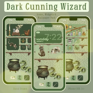 Könnte beinhalten: Ein Icon-, Widget- und Wallpaper-Paket mit dem Titel Dark Cunning Wizard. Die Anzeige zeigt grüne Smartphone-Bildschirme mit Illustrationen einer schwarzen Katze, eines Schädels, eines Kessels, einer Schlange und magischer Gegenstände.