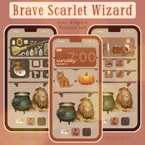 May include: A digital icon, widget, and wallpaper pack titled Brave Scarlet Wizard. The display features hand-drawn illustrations of a lion, a cauldron, a pumpkin, a cat, and various magical items arranged on shelves in a warm, earthy color palette.