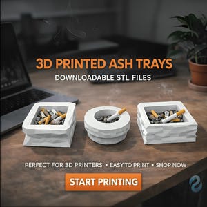 Puede incluir: Tres ceniceros blancos impresos en 3D con diferentes formas geométricas, cada uno con cigarrillos encendidos y ceniza. El texto "3D PRINTED ASH TRAYS" y "DOWNLOADABLE STL FILES" se muestra. Un portátil y una planta en maceta están en el fondo.