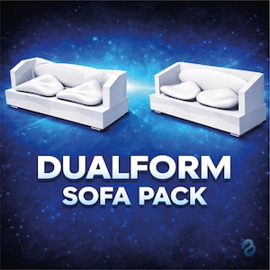 Könnte beinhalten: Zwei weiße Sofas mit abgerundeten Kissen werden vor einem blauen Hintergrund mit weißen Glitzerpunkten gezeigt. Der Text "DUALFORM SOFA PACK" ist in weißer, fetter Schrift dargestellt.