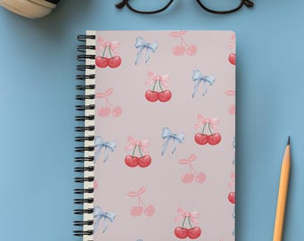 Cherry Bow Pink Spiral Notebook Aesthetic Journal for School & Study