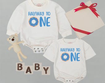 Half Way To One Birthday Romper, One Donut Birthday Bodysuit, 1/2 Way To One Birthday Outfit, Birthday Gift For Boy, Half Birthday For Boy