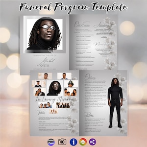 May include: A funeral programme template in shades of grey featuring a portrait of a person with dreadlocks and glasses. The layout includes text sections for an obituary, tributes, and service details, decorated with subtle white floral illustrations.