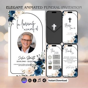 Minimal Funeral Invitation,, Celebration of Life Evite Blue Floral Memorial Evite (Digital Download)