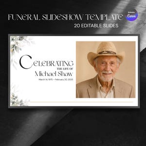 May include: A digital funeral slideshow template featuring 20 editable slides. The design includes white space, green leaf accents, and text reading "Celebrating the life of Michael Shaw, March 14, 1975 – February 20, 2025" next to a photo of a person in a hat.