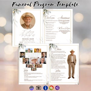 May include: A funeral program template featuring a white background with gold borders and green leaf accents. The layout includes sections for a photo of a man in a hat, obituary text, order of service, acknowledgments, and a photo collage.