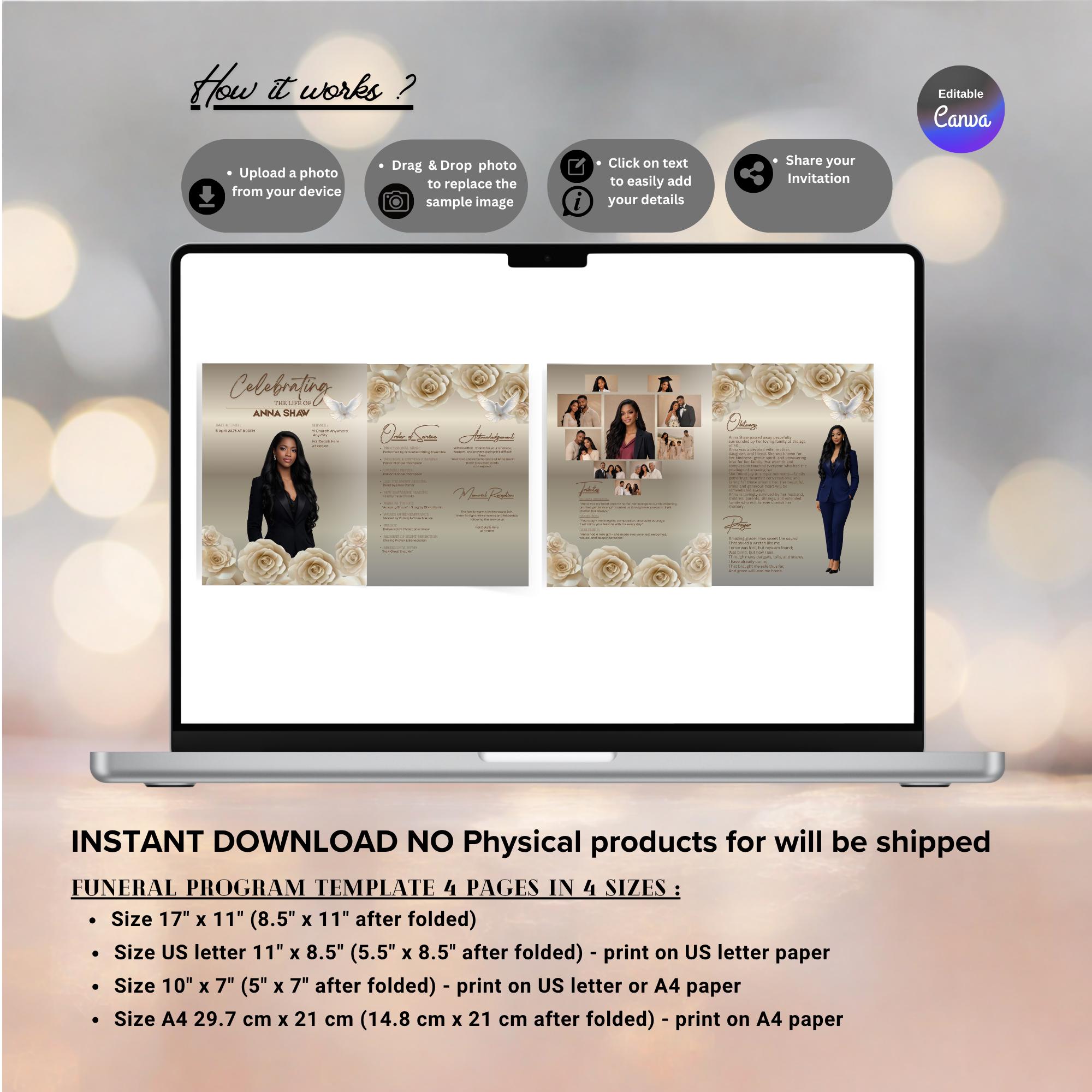 Elegant Funeral Program Template Canva, Celebration of Life Memorial ...