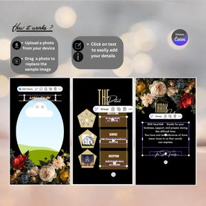 May include: A Canva template with instructions and examples for creating custom event announcements. The design features floral arrangements, text boxes, and editable elements. The text includes "Thank You" and event details.