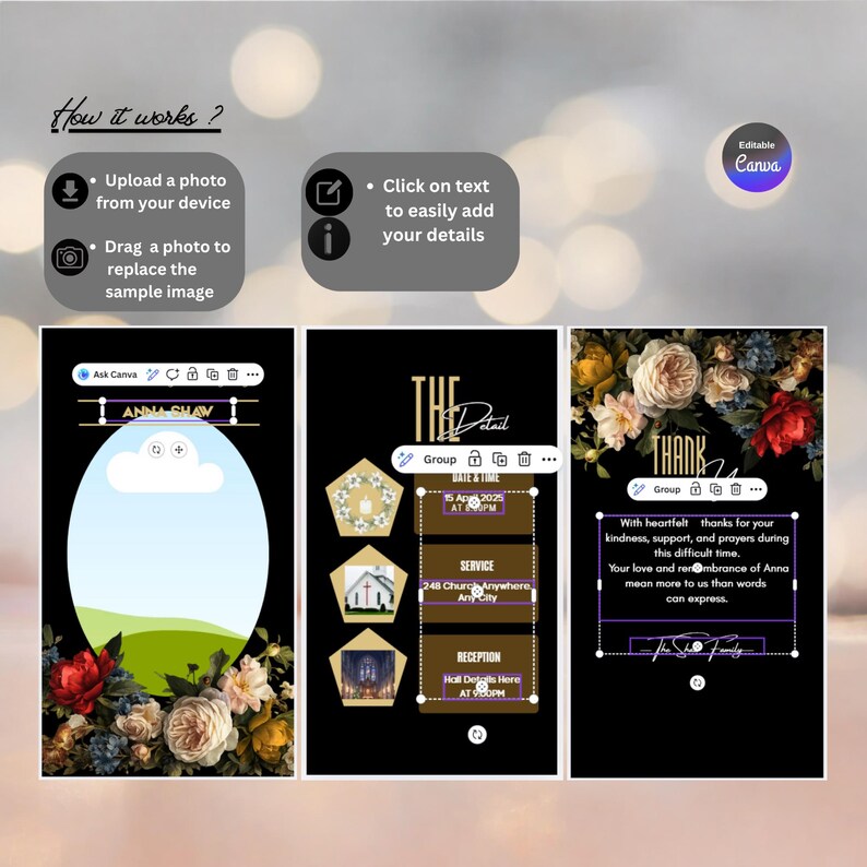 May include: A Canva template with instructions and examples for creating custom event announcements. The design features floral arrangements, text boxes, and editable elements. The text includes "Thank You" and event details.