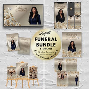 May include: A collection of funeral templates featuring a woman in a navy blue blazer. The templates include a large display, phone screens, cards, and a brochure. The design incorporates gold roses, doves, and the text "Celebrating the Life of Anna Shaw."