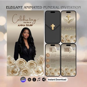 May include: Elegant animated funeral invitation featuring a woman in a black blazer, surrounded by cream-colored roses. The design includes a smartphone mockup with a gold cross, dove, and event details. Text includes "Celebrating the life of Anna Shaw."