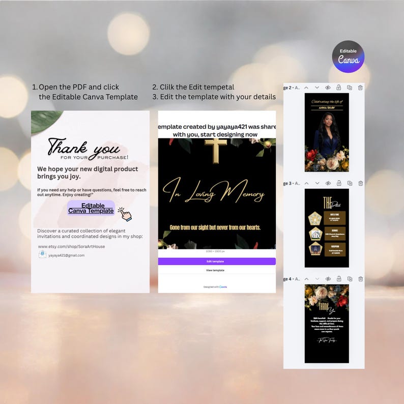 May include: A digital product display with Canva templates. The image shows a thank you card, an In Loving Memory card, and other invitation designs. Instructions are included to edit the templates.