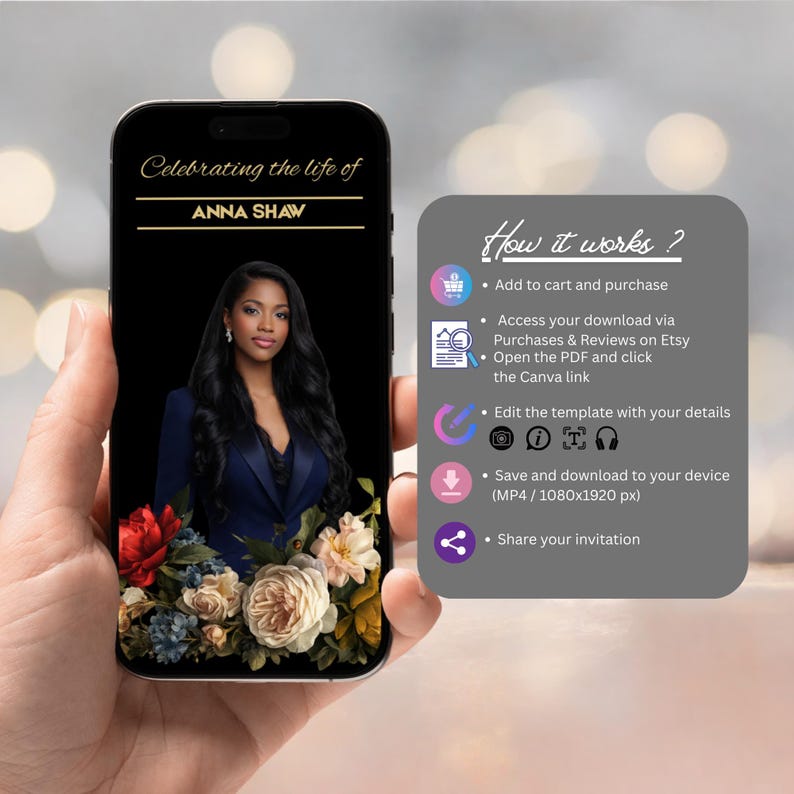 May include: A smartphone displays a memorial invitation. The invitation reads "Celebrating the life of ANNA SHAW" in gold text. The image features a woman in a blue blazer and floral arrangement. A sidebar explains how to purchase and edit the template.