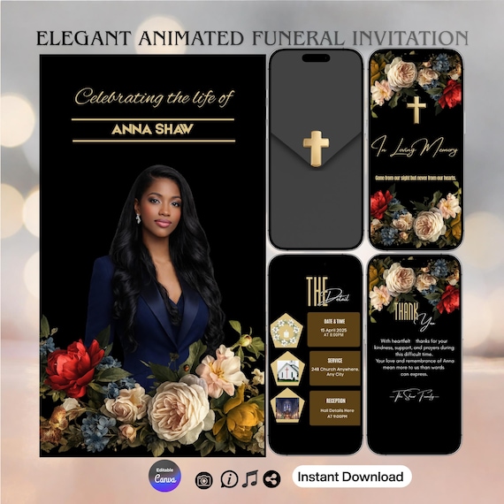 Elegant Funeral Video Invitation Template, Celebration of Life Announcement (Digital Download)